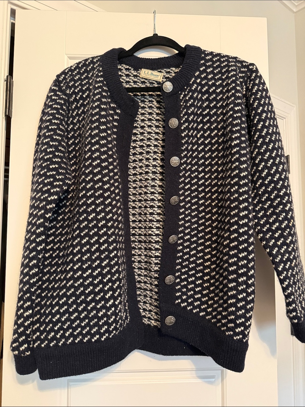 Vintage L.L. Bean Navy and White Patterned Button-Front Cardigan